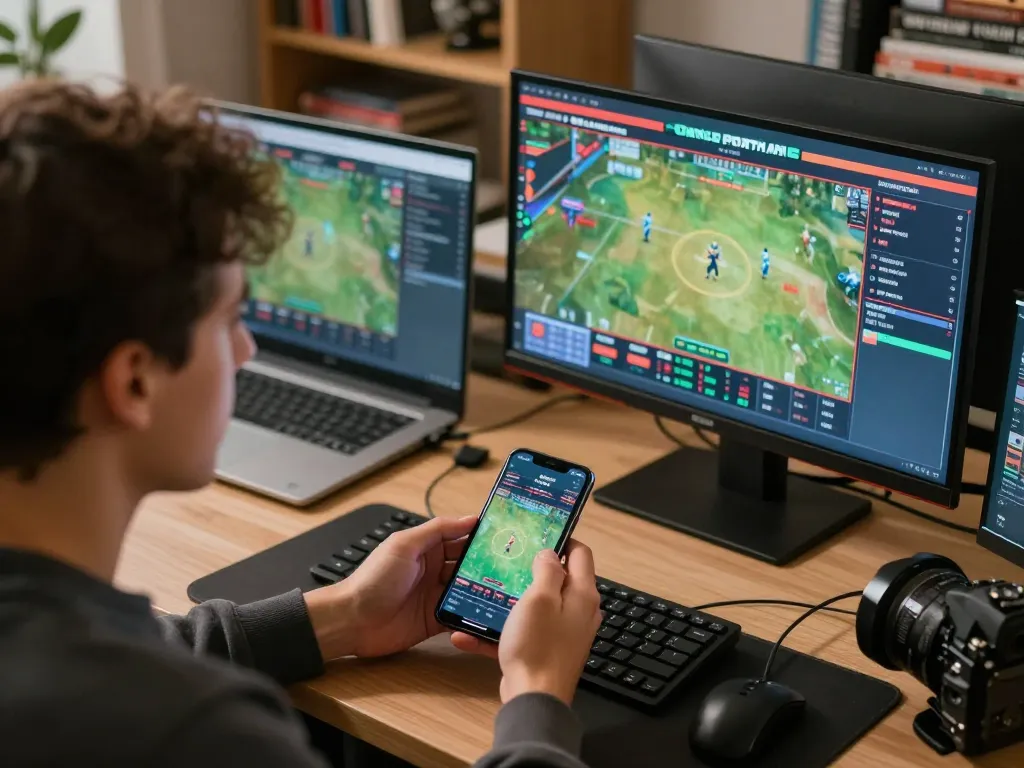 xx88 user engaging in online sports betting action with smartphones and screens displaying odds