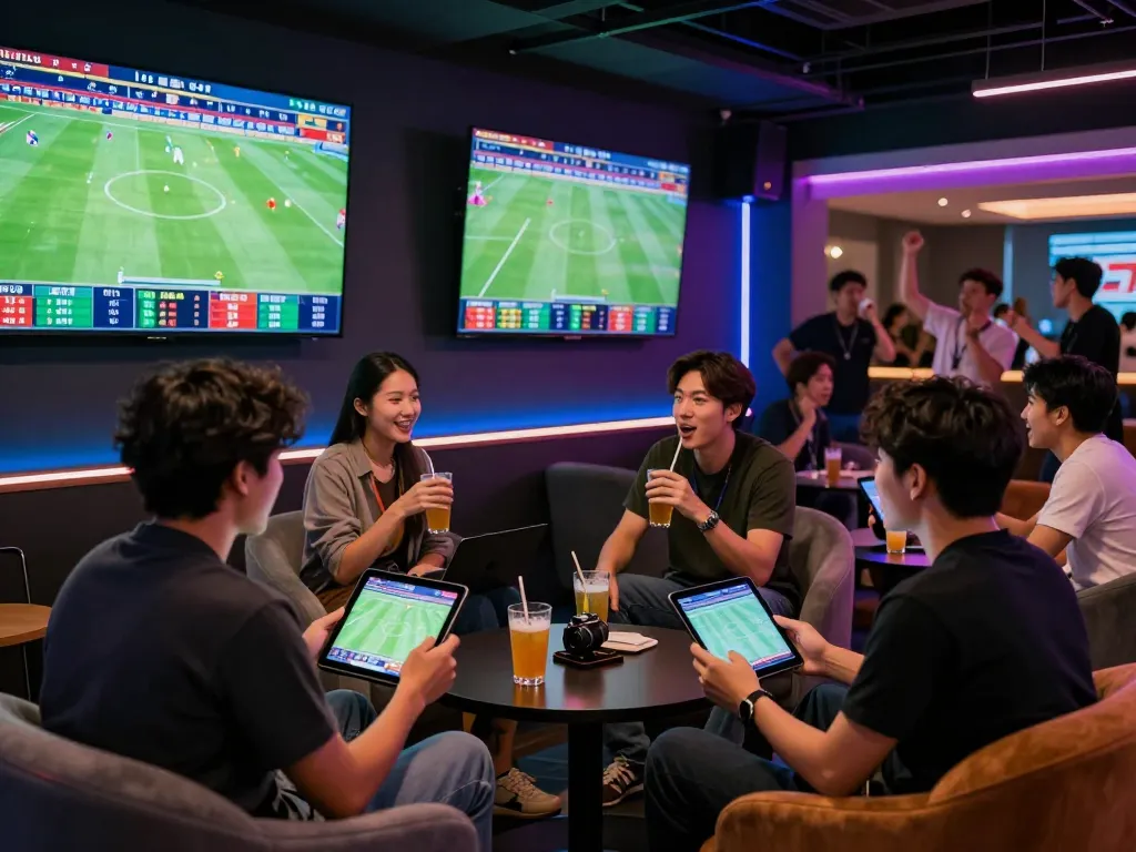 Exciting kèo nhà cái betting atmosphere in a high-tech sports lounge, fans engaging with live football matches and odds updates.