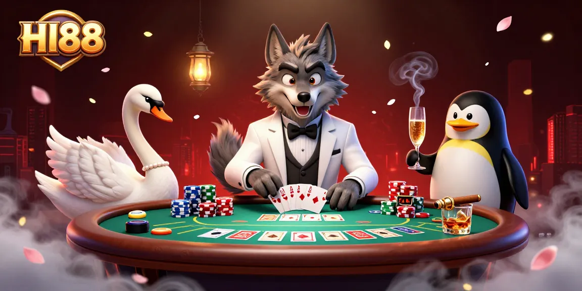 Play exciting baccarat with HI88, featuring a wolf, swan, and penguin in a lively casino scene.