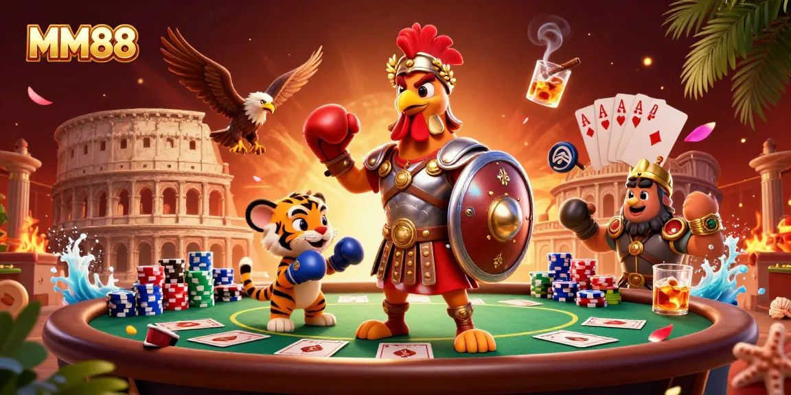 Engage in thrilling MM88 poker action with a gladiator rooster and sparring tiger cub.