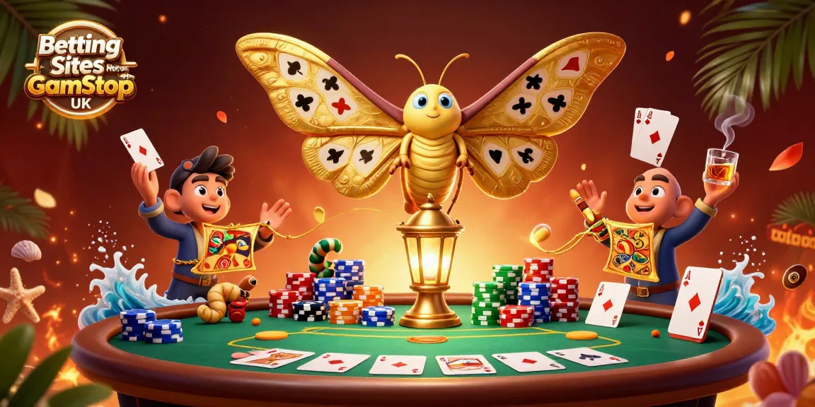 Betting Sites Not on GamStop UK showcase vibrant crypto-themed casino scene with poker elements and glowing moth.