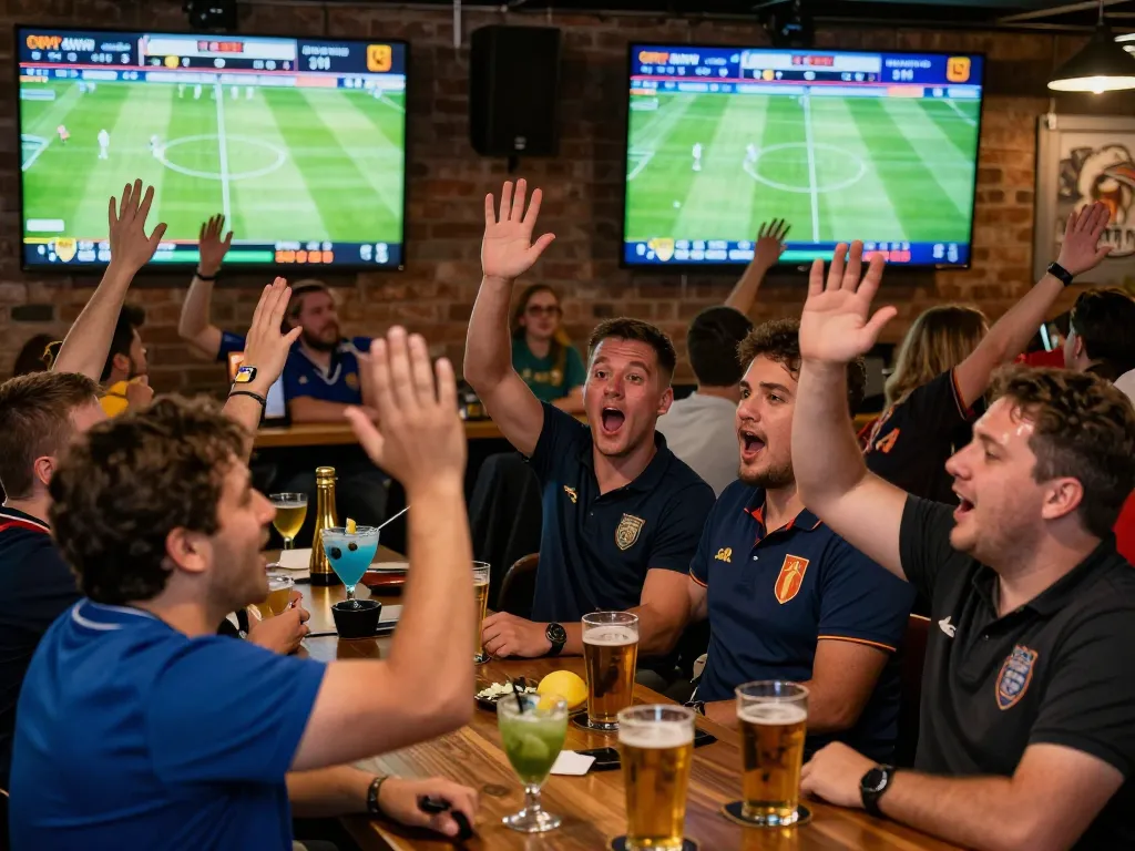 Excited fans celebrating and reacting to ผลบอลวันนี้ during a major football match at a lively sports bar.