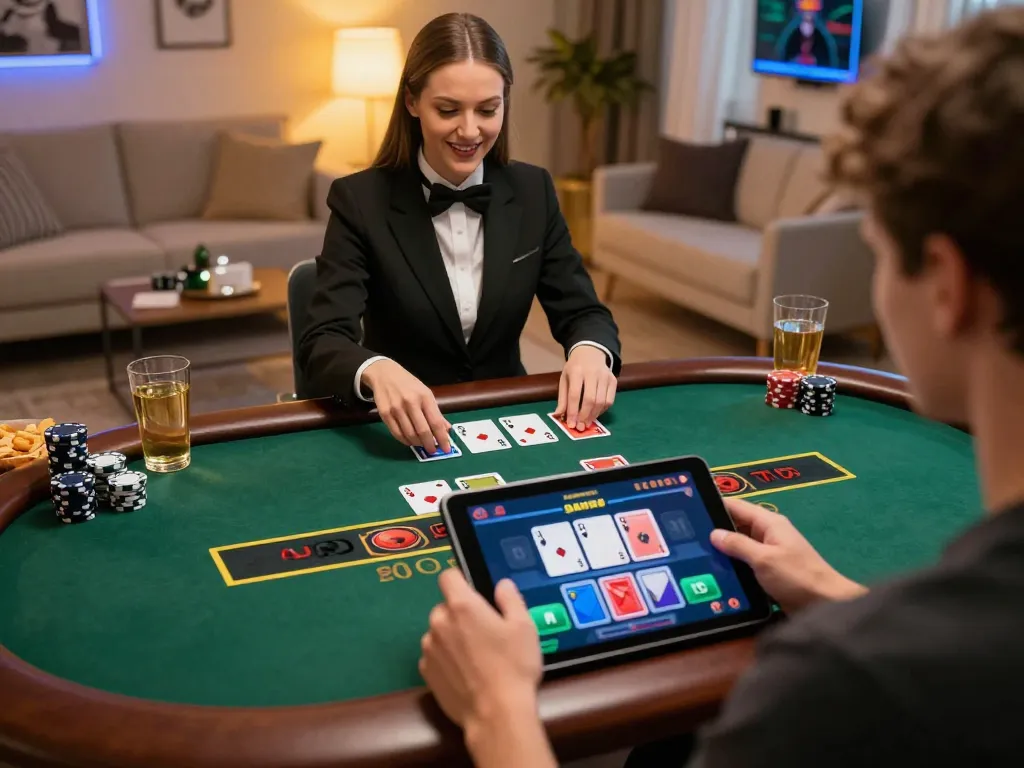 Engaging in exciting online casino gameplay with the Link truy cập Bom88 on a tablet, showcasing a thrilling blackjack moment.