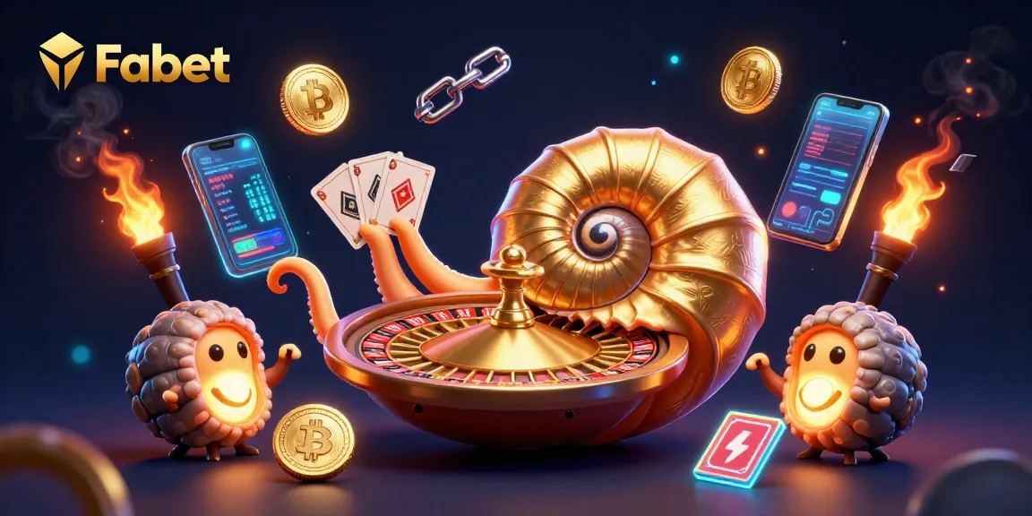 Play at Fabet with the colossal nautilus roulette wheel and glowing cryptocurrency coins.