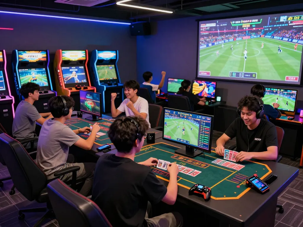 Engaging gaming scene at Goal123 showcasing friends enjoying diverse online entertainment options in a vibrant lounge.