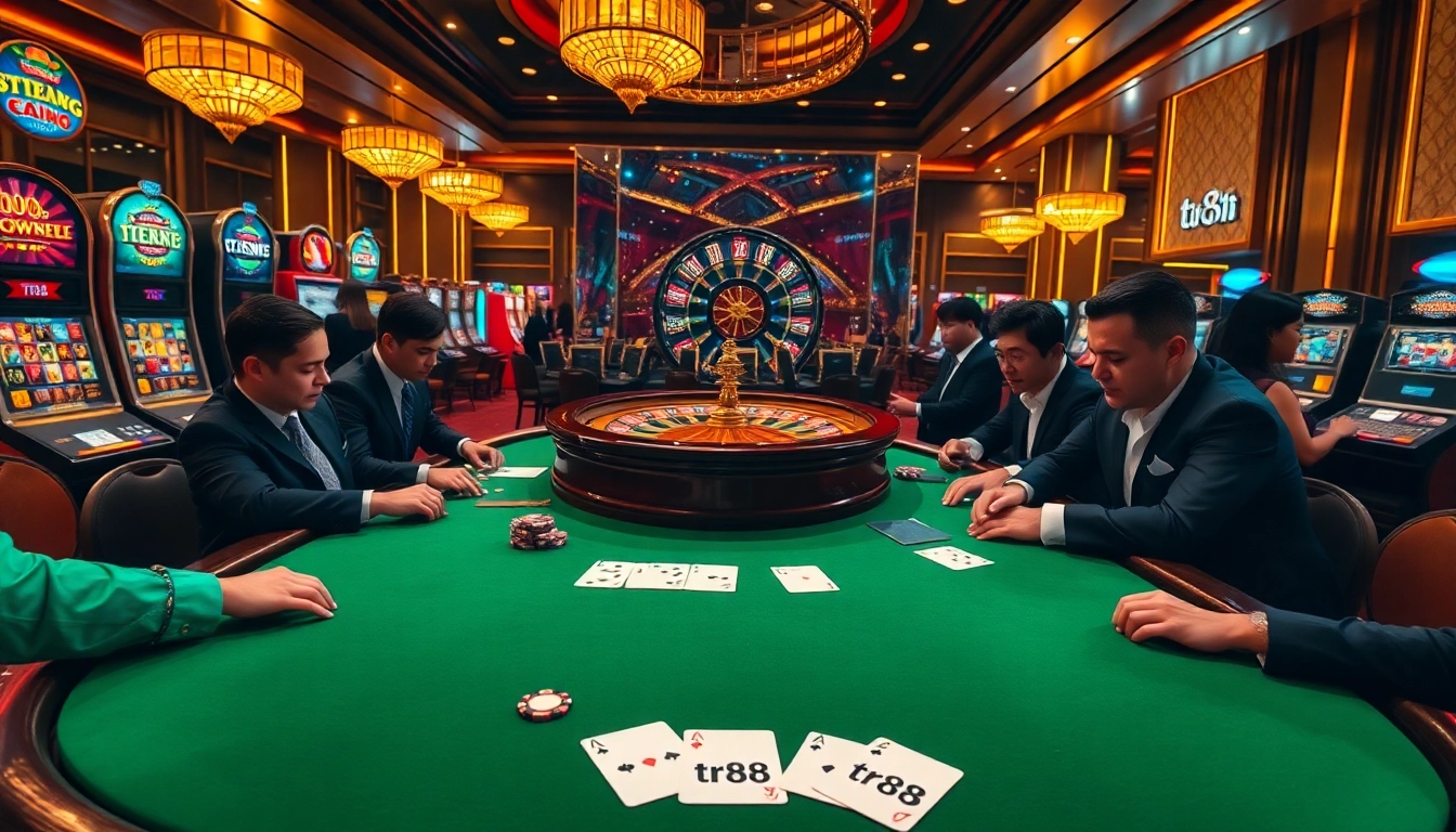 Exciting poker game at a vibrant casino featuring tr88 betting slips and colorful slot machines.