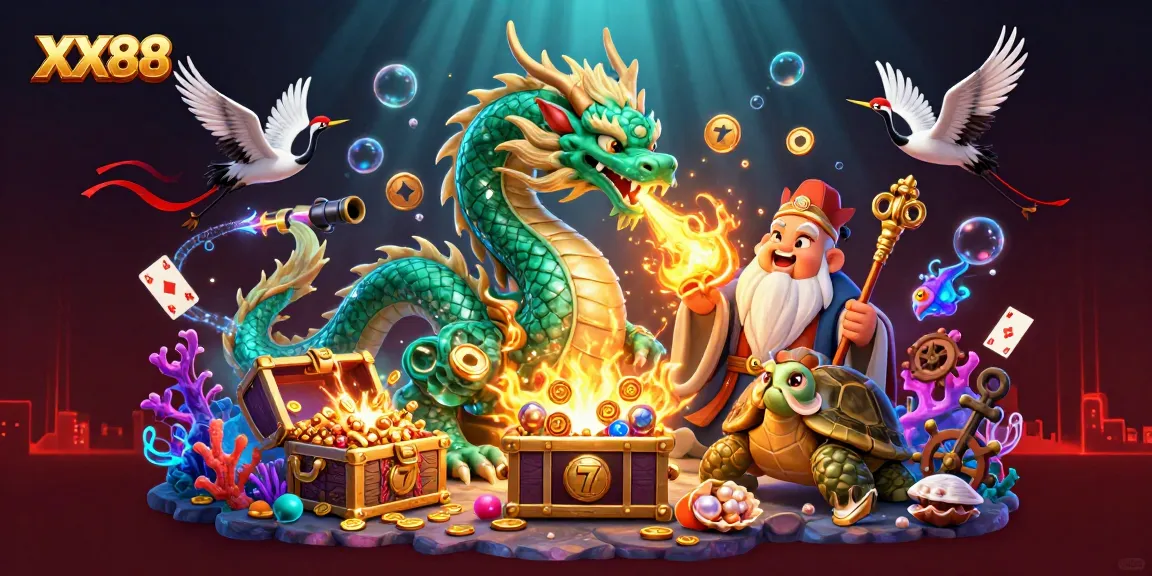 Experience thrilling fortune at XX88 with a dynamic casino scene featuring dragons and lucky symbols.