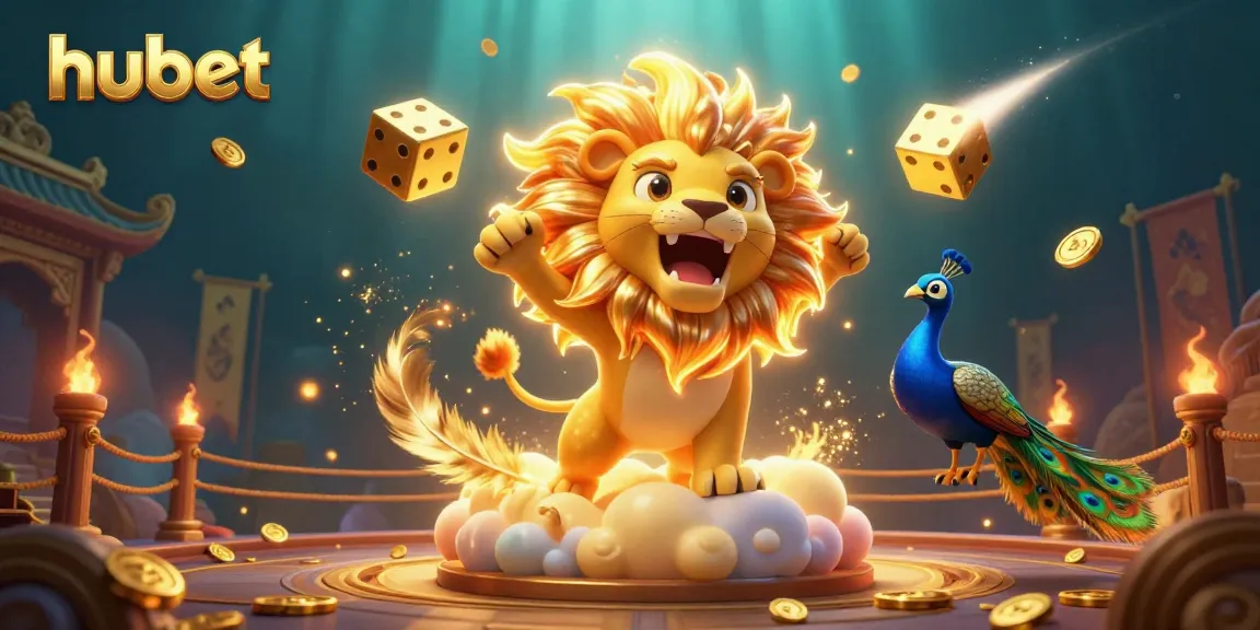 Experience the excitement of hubet with a roaring sun lion amidst golden gambling symbols.