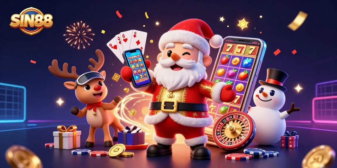 SIN88 casino celebration featuring Santa, reindeer, and snowman amidst exciting slots and festive elements