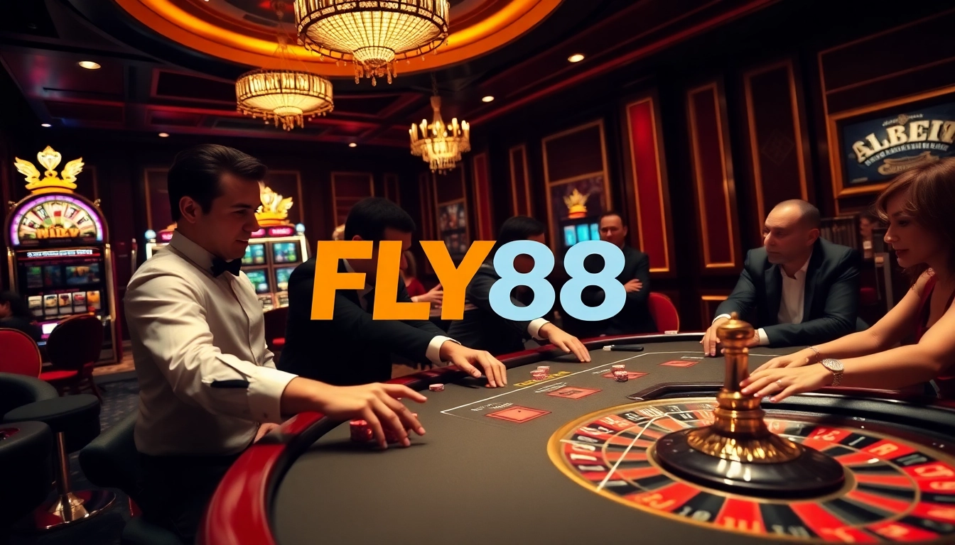 FLY88 players celebrating their wins at a luxurious casino table with poker chips and cards.
