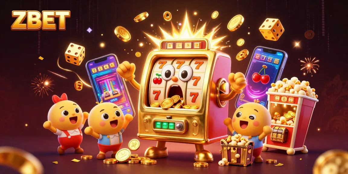 ZBET slot machine celebrating a big win with coins and symbols flying around in a vibrant casino scene