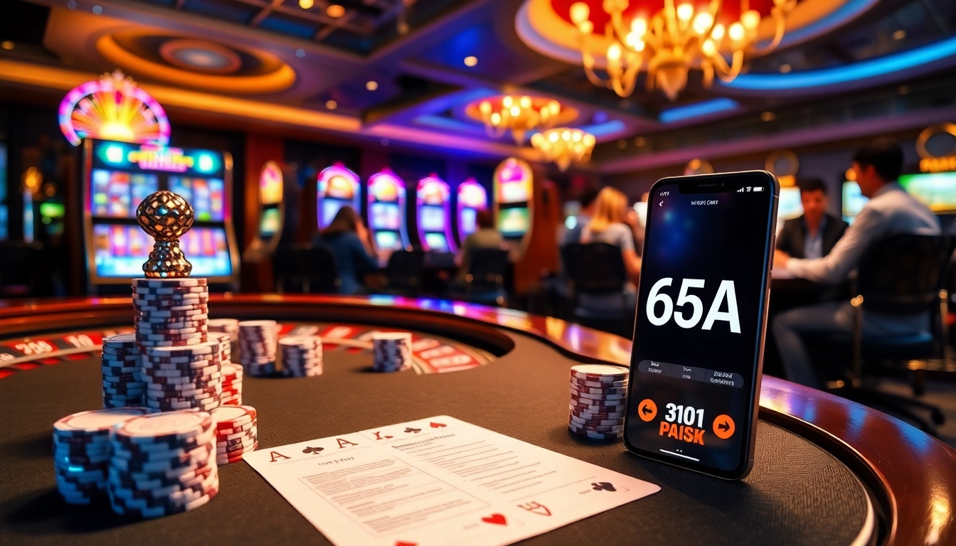 Betting excitement at 65A with vibrant slot machines and a roulette table filled with chips.