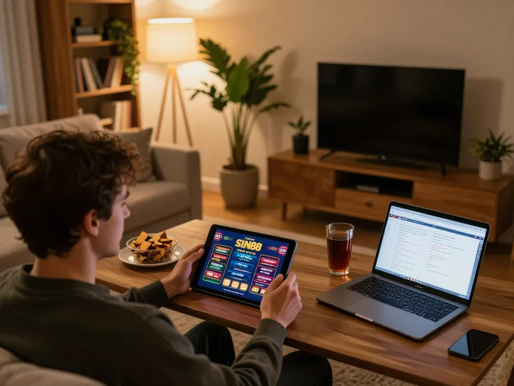 Engaging with SIN88 games on a tablet in a cozy living room.