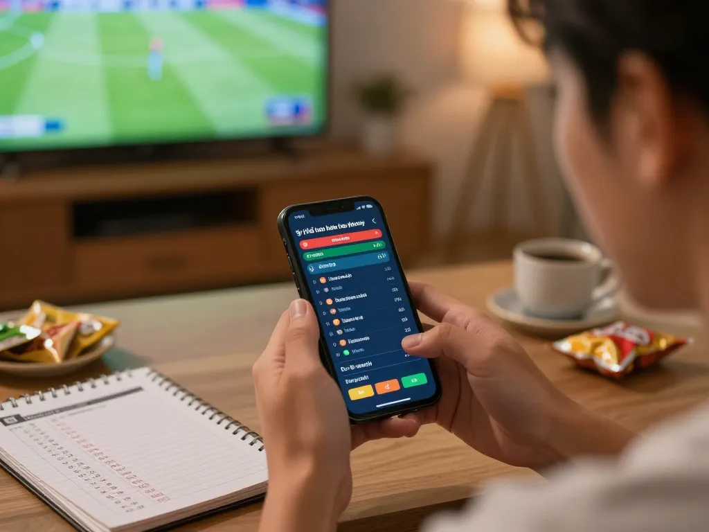 Tỷ lệ kèo nhà cái hôm nay shown on a smartphone during a thrilling sports betting session at home.