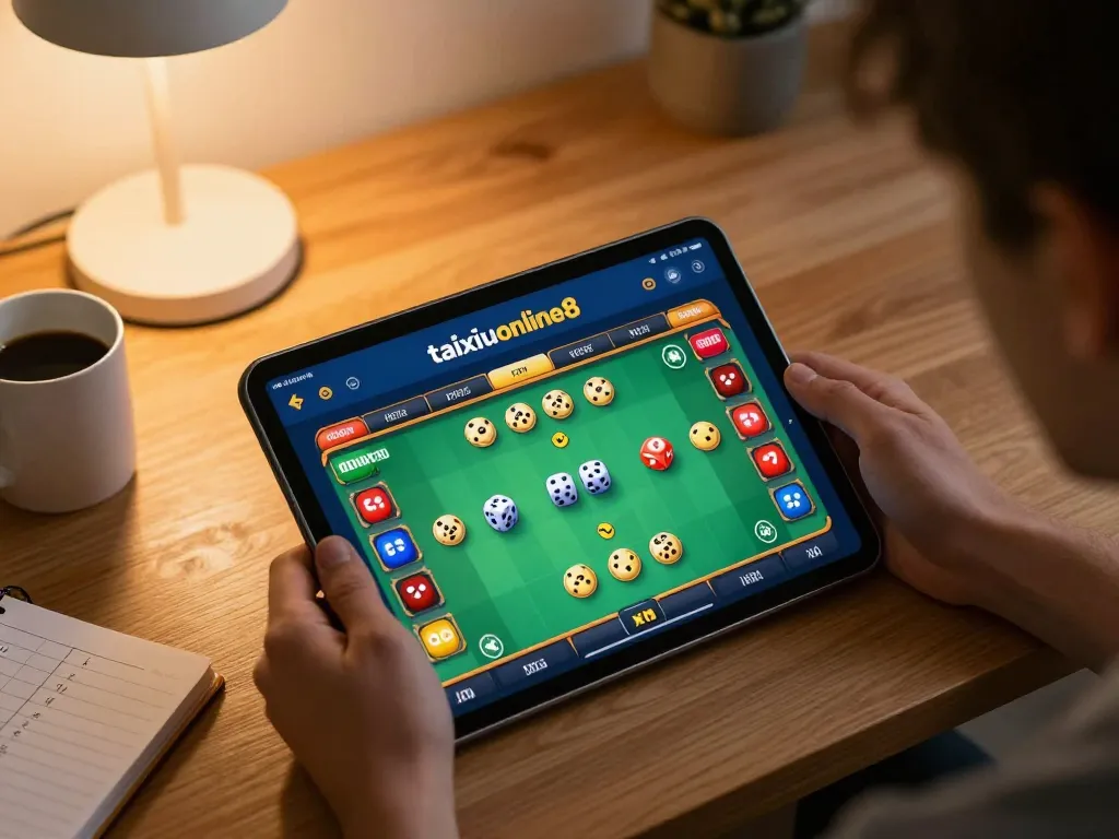 Player engaging with the taixiuonline8 app during an online Tài Xỉu gaming session at home, showcasing a cozy environment with strategic notes.