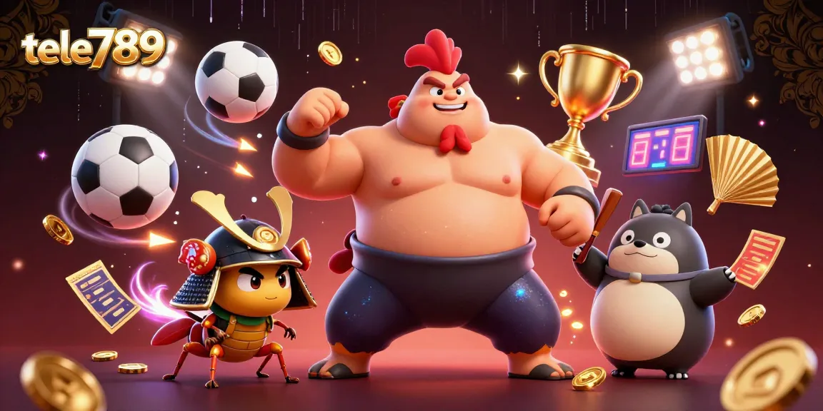 tele789 showcases dynamic gaming action with fierce characters and vibrant sports elements.
