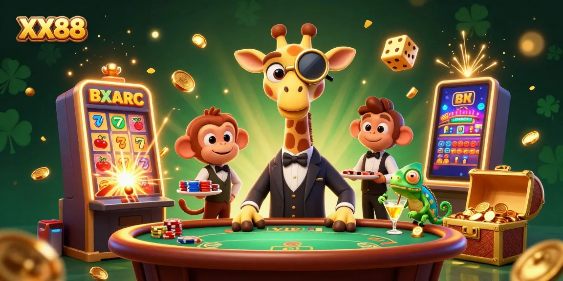 Experience the excitement of XX88 with vibrant casino-themed artwork showcasing a high-roller giraffe and charming animated characters.