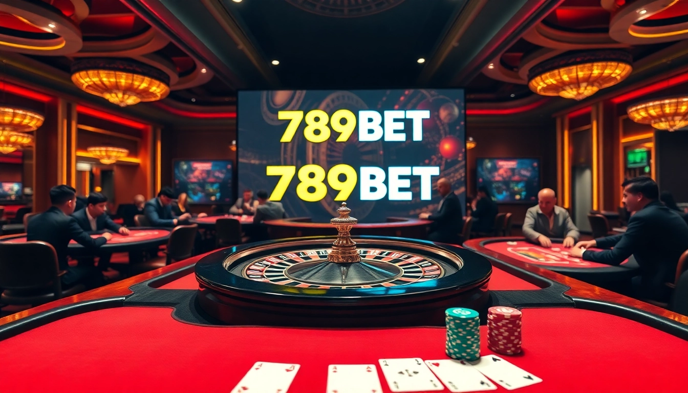 Engaging gaming atmosphere with players at 789BET tables and a roulette wheel spinning.