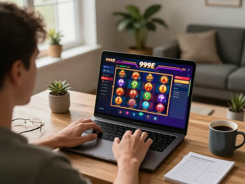 Player engaging with the 999E online casino on a laptop in a stylish home office