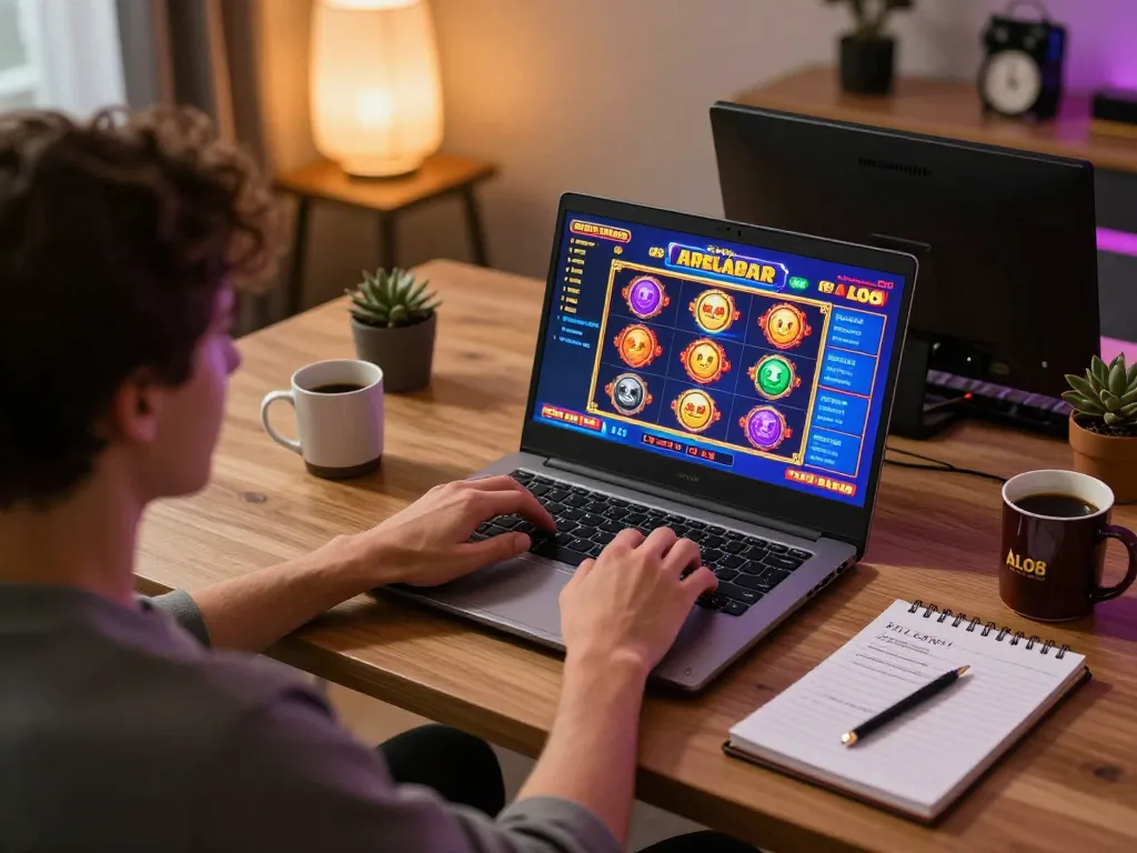 Person enjoying online ALO8 slot game at home with laptop and strategy notes