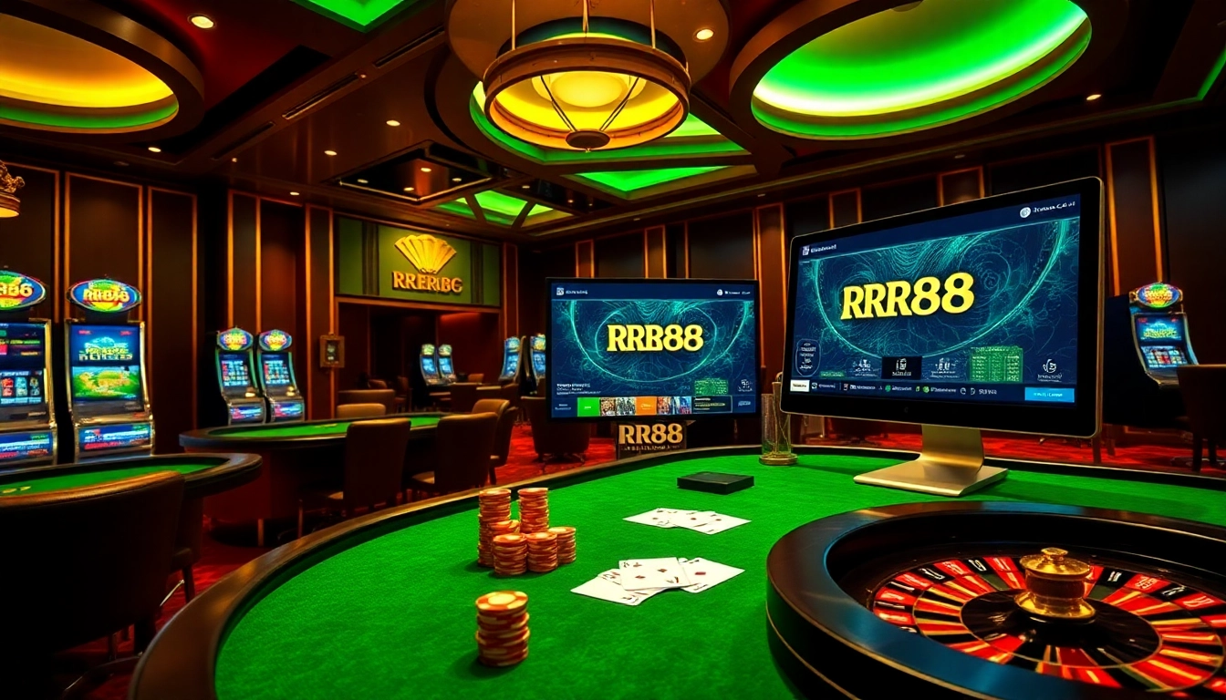 Experience the thrilling gambling scene at RR88 with vibrant gaming tables and exciting slot machines.
