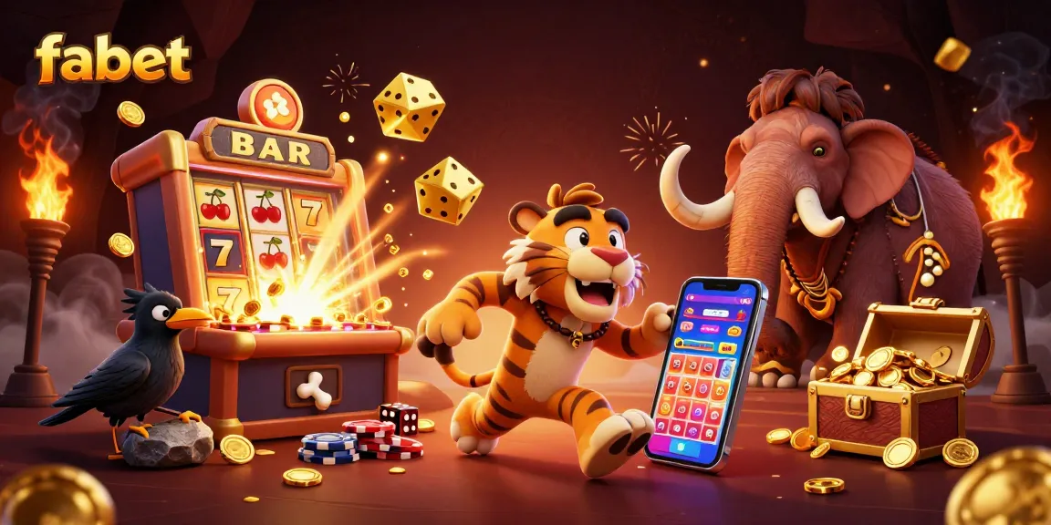 Experience the thrill of fabet gaming with an engaging prehistoric casino scene featuring vibrant characters and dynamic slots.