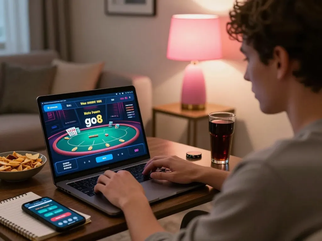 Player enjoying go8 online poker at home with laptop and betting strategy notes.