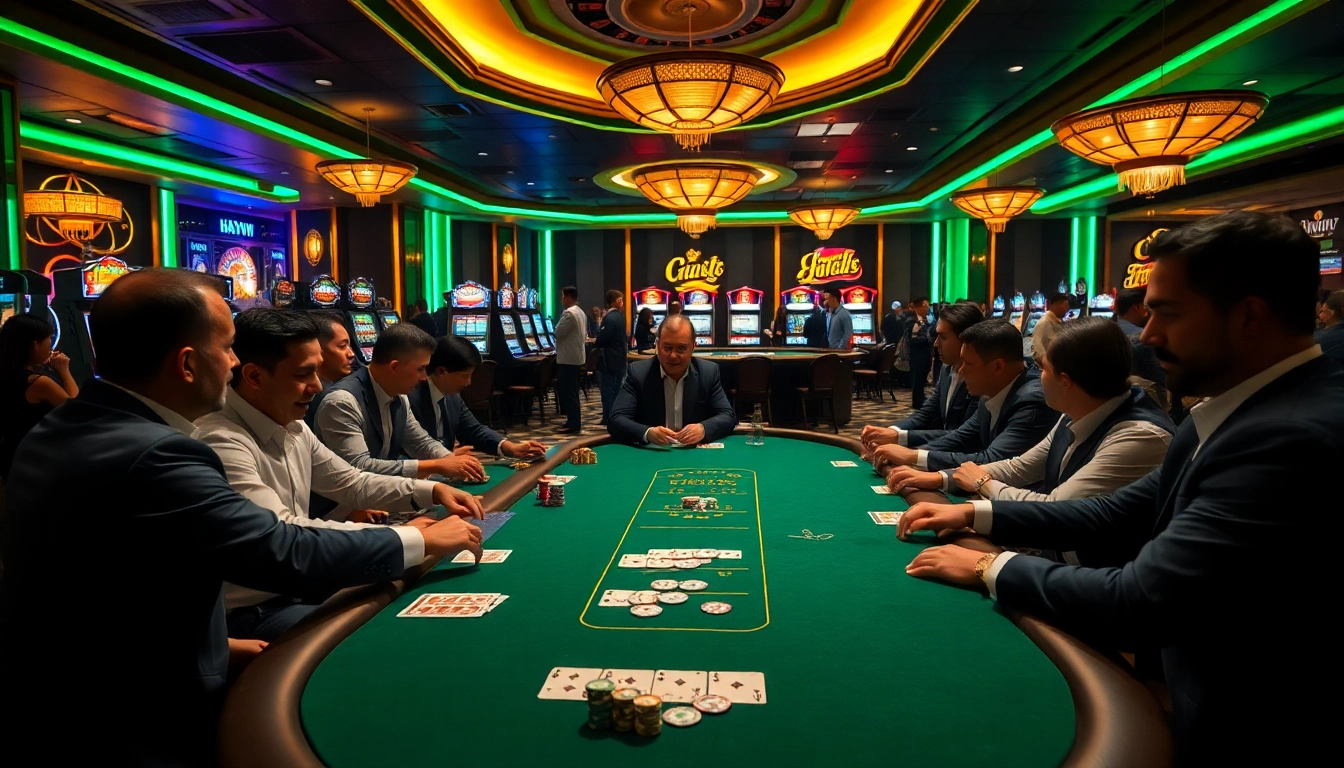 Experience high-stakes gaming at Haywin casino with vibrant poker tables and eager players.
