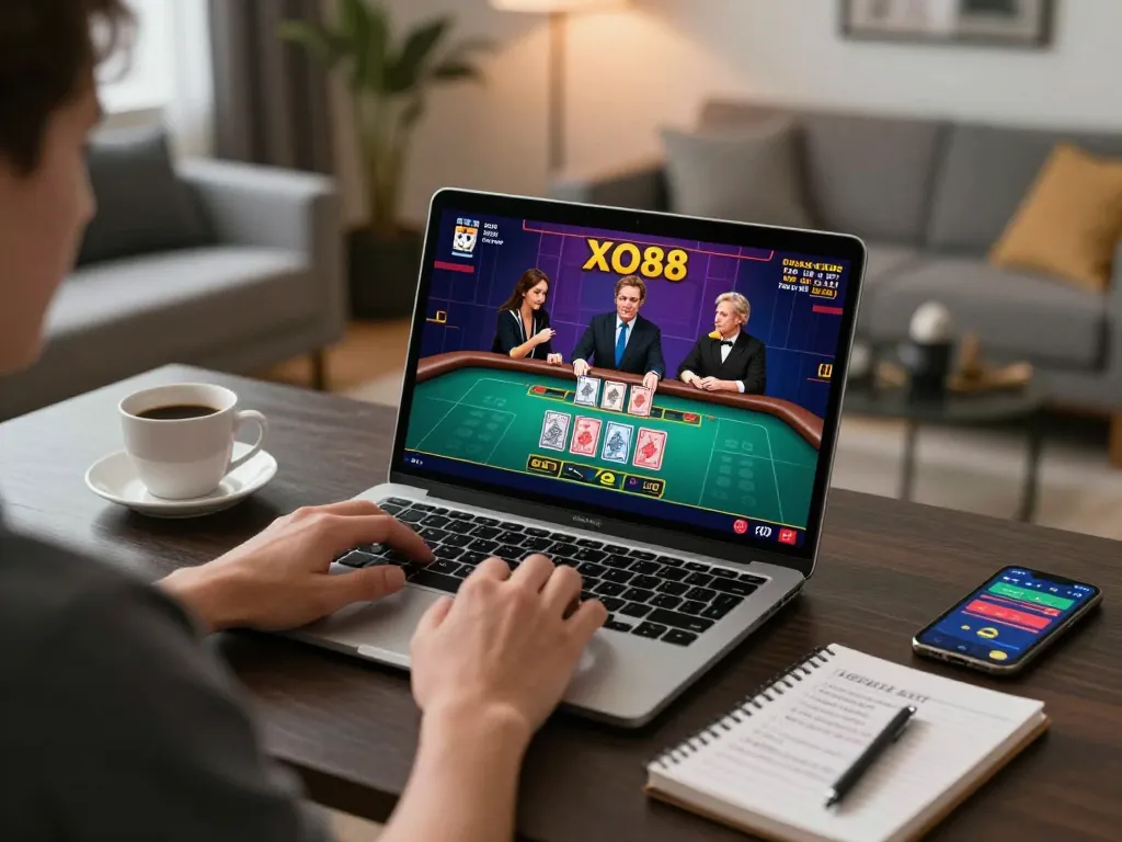 Player engaging in live dealer game on XO88 platform from stylish home office, showcasing modern gaming experience