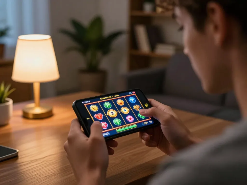 Engaged player exploring the Trang Chủ F168 online slots on their smartphone in a cozy living room, focusing on strategic gameplay.