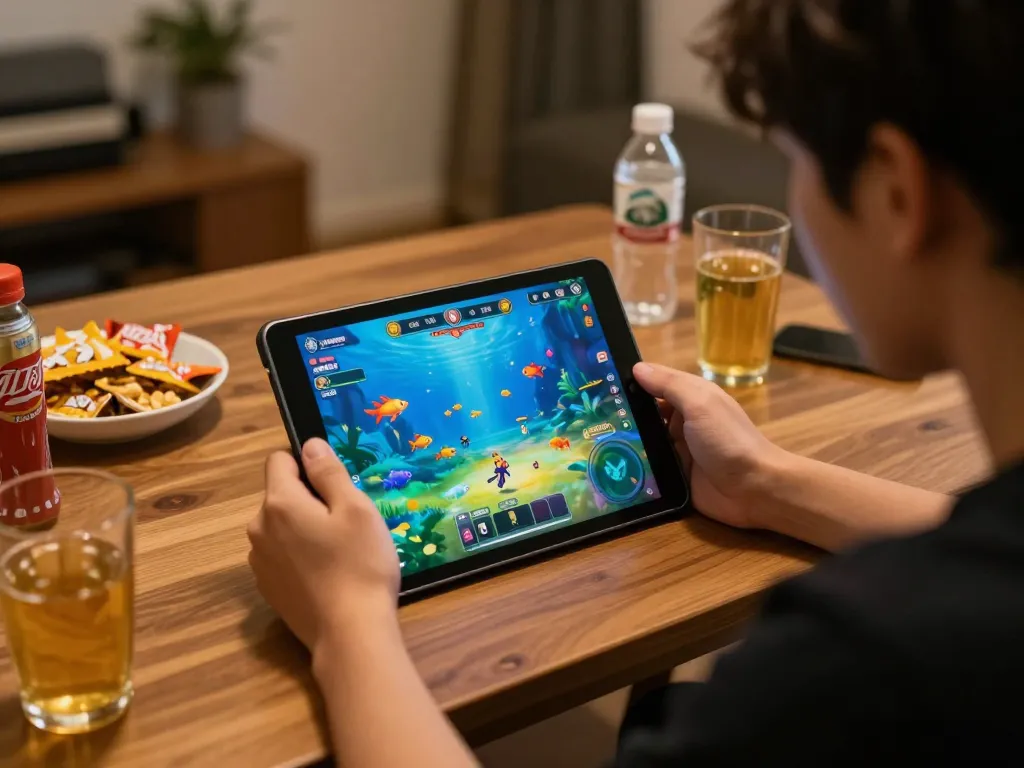 Engaged player enjoying game bắn cá đổi thưởng on tablet in cozy home setting