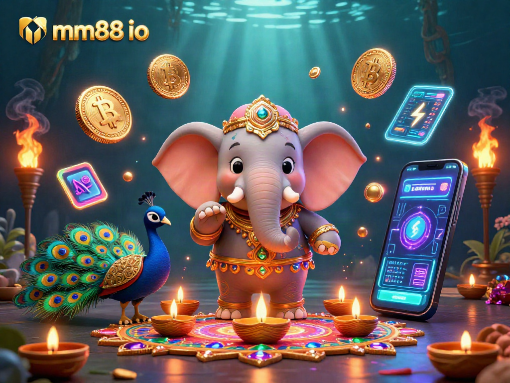 Engage with mm88 io's vibrant casino experience featuring Diwali-themed characters and crypto elements.