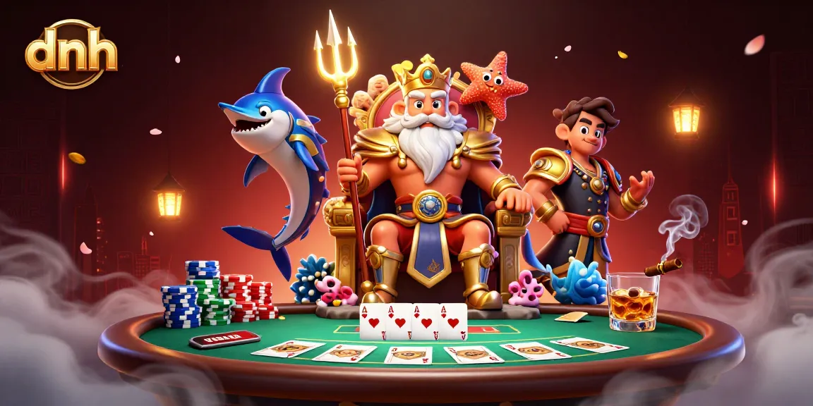 Engage in thrilling poker games at dnh, featuring Neptune and samurai in a vibrant casino scene.