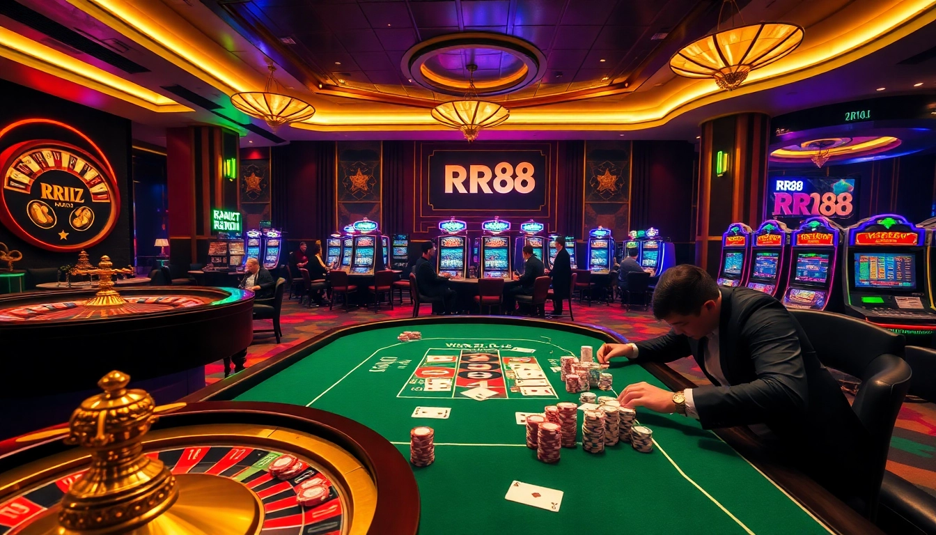 Experience the thrill of gambling at RR88 with vibrant tables, chips, and excitement.