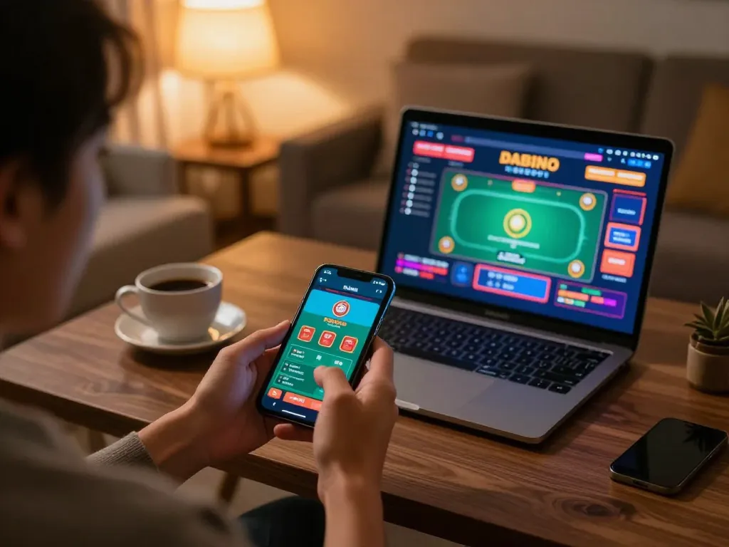Dabet mobile gaming experience with a person enjoying poker on their smartphone in a cozy living room setting.
