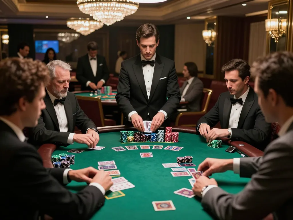 Players engaged in strategic blackjack game at a luxury casino, showcasing gk88 anticipation and excitement.