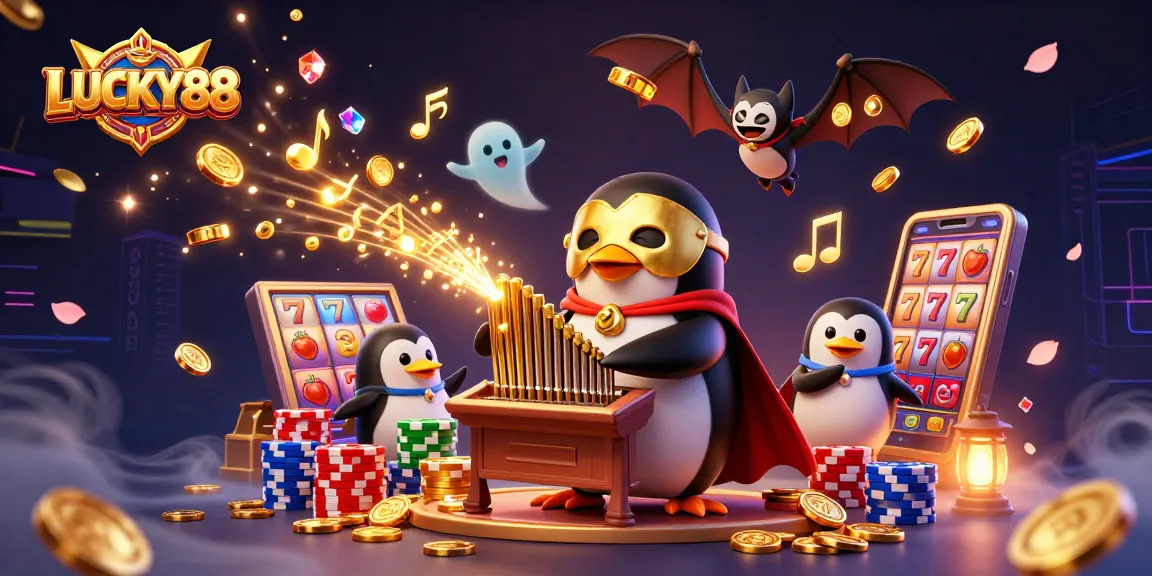 Play LUCKY88 with vibrant characters and dynamic casino elements in this colorful 3D illustration.