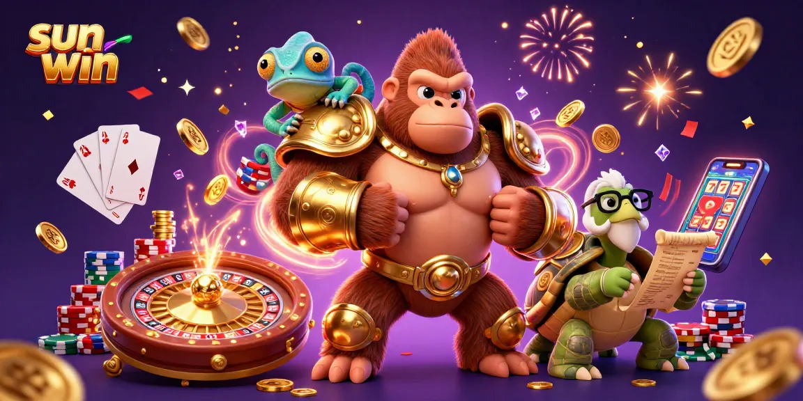 Experience the thrill with sun win featuring a powerful gorilla king amidst vibrant casino action!