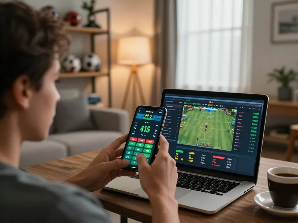 FB88 user engaging in live betting on a smartphone in a cozy home setting.