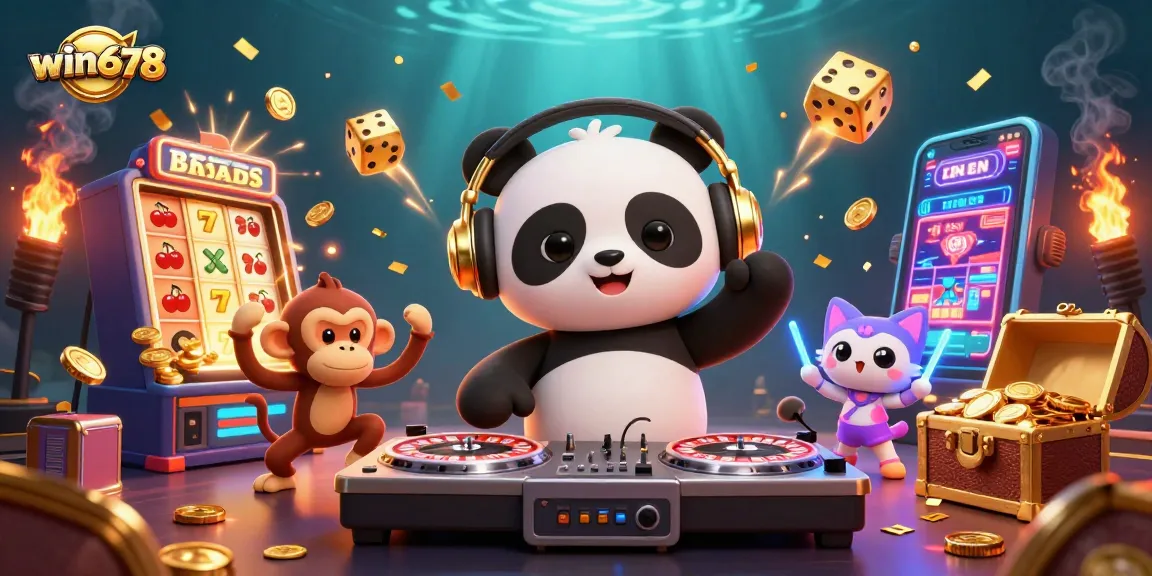 win678 features a DJ panda with a breakdancing monkey and glow-stick kitten in a vibrant casino scene.