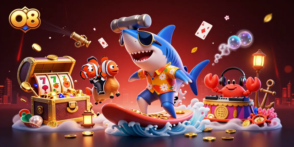 Engage with O8's vibrant casino world featuring a surfing shark and carnival elements.