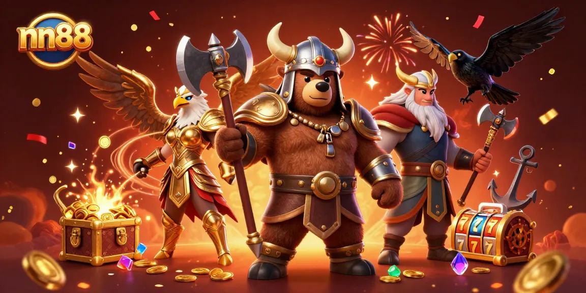 Join the action with nn88, featuring a Viking bear and Valkyrie eagle amidst floating slot reels and treasure.