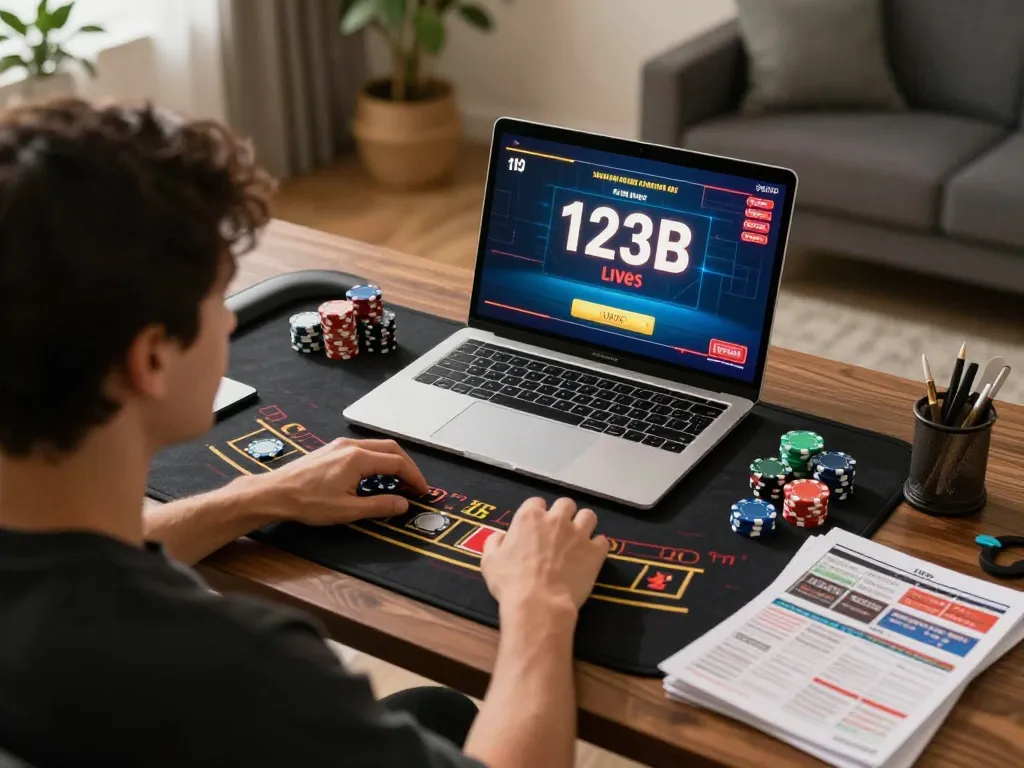 Engaging in a live blackjack game on 123B's online casino platform, showcasing a user-focused gaming experience.