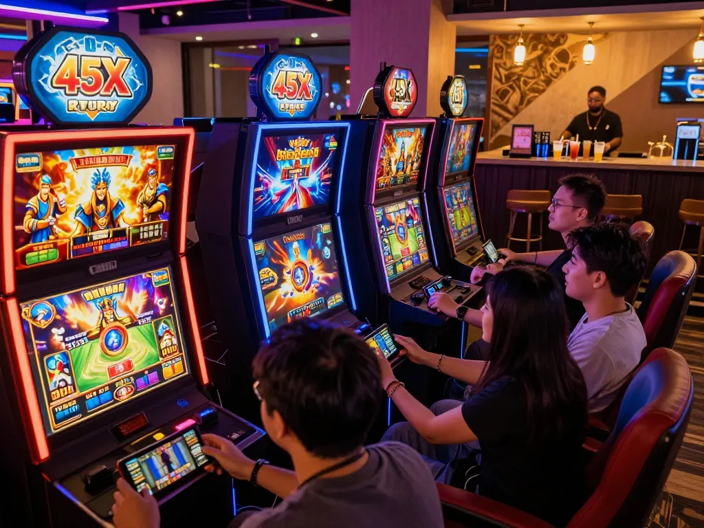 Players enjoying engaging slot games at 45X, vibrant gaming lounge atmosphere with neon lights.