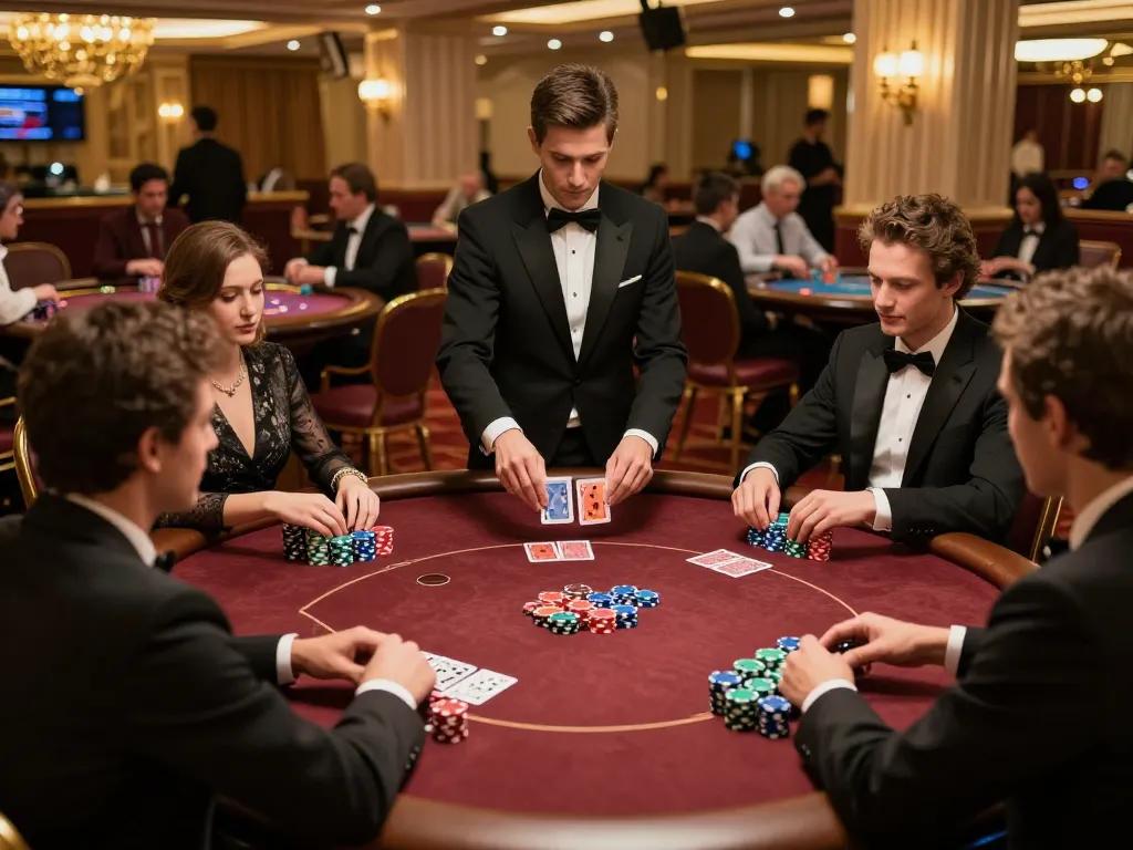 Players engage in a high-stakes poker game at 13win, showcasing excitement and strategy in a luxurious casino.