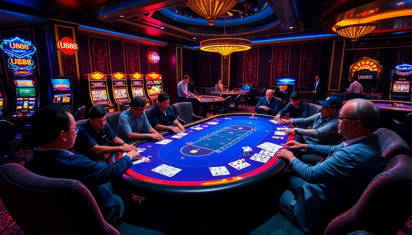 Engage with thrilling U888 poker action at an upscale casino table, complete with vibrant slot machines.