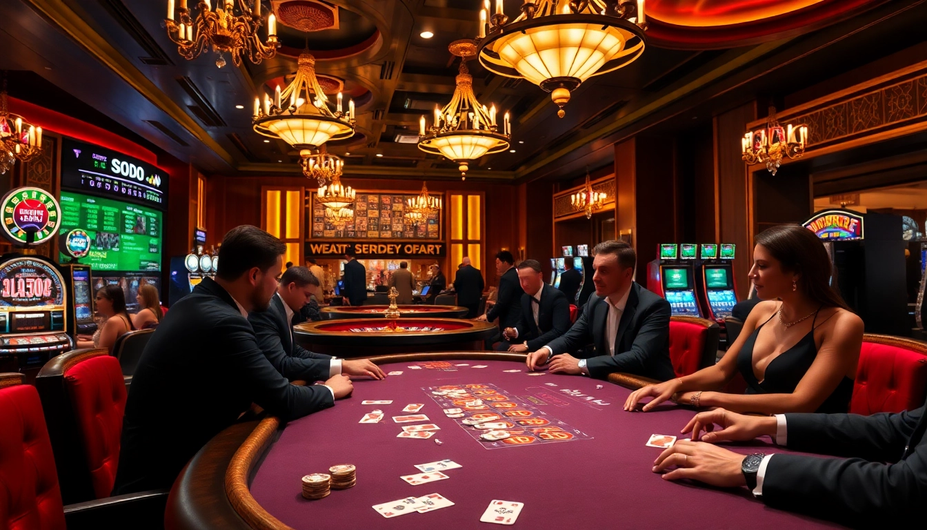 SODO casino scene with poker table, vibrant slot machines, and luxurious ambiance.