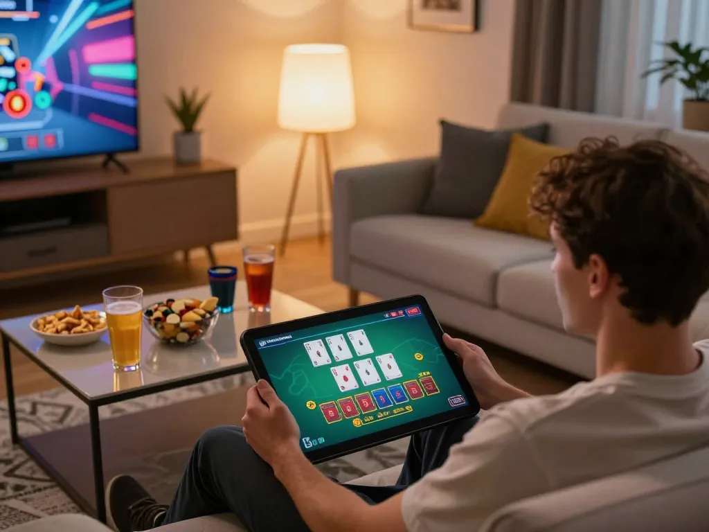 Engaged player enjoying the uk88 online blackjack game on tablet in cozy living environment