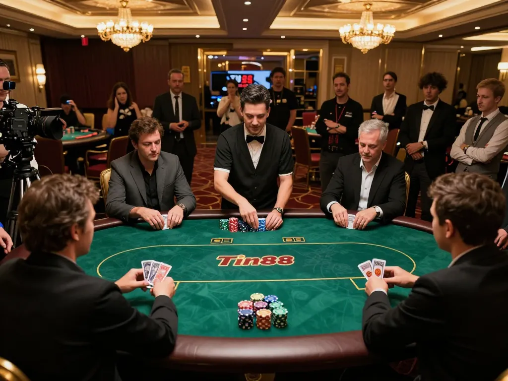 Participants in a strategic poker game at a luxury casino showcasing the excitement of Tin88 gambling.
