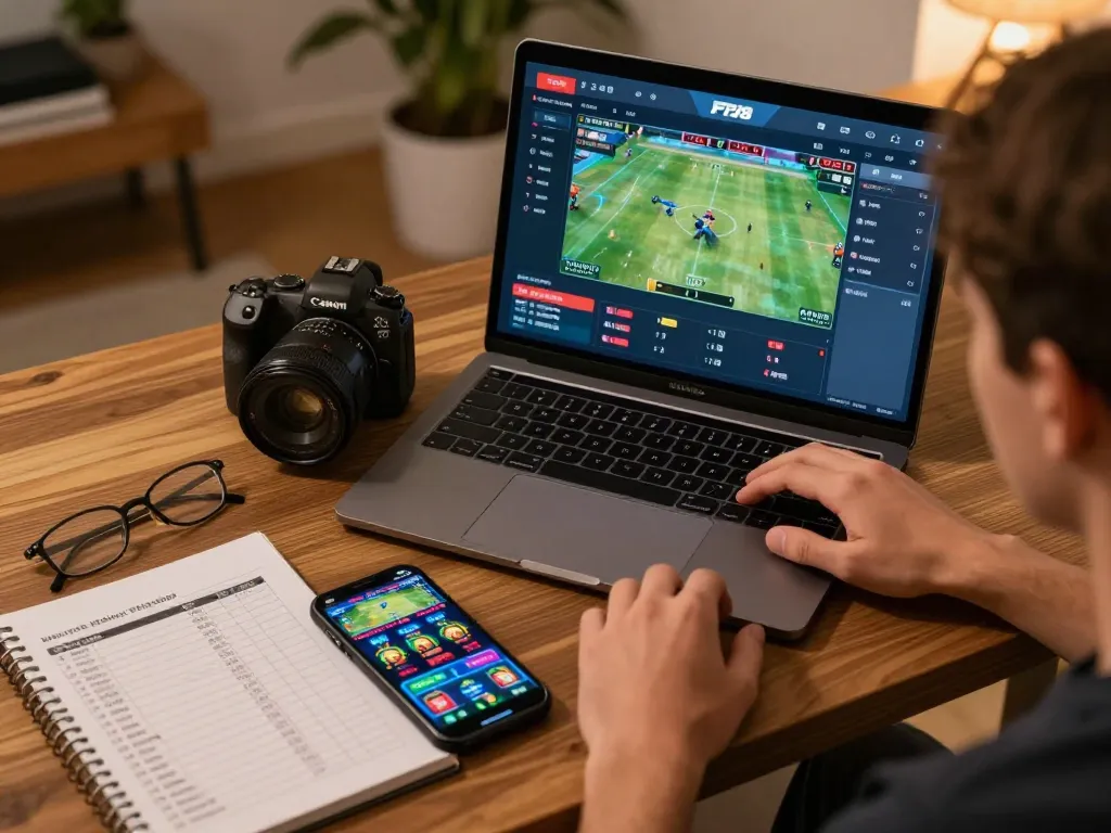 Engaged user playing F168 online casino games on laptop and smartphone in cozy home setup.